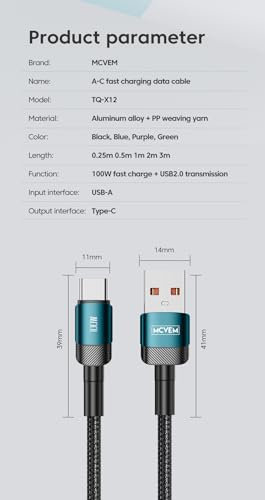 Ultra-Fast 100 W USB A to C Braided Charging Cable – 3.3 ft Durable USB to USB C Connector for i Phone 15, Android Devices, and i Pads – High-Speed Data Transfer with Stylish Blue Metal Ends for Enhanced Compatibility