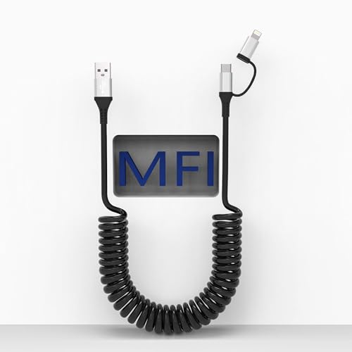 Universal Coiled USB to USB-C and Lightning Charging Cable for Car – 3 A Fast Charge & Data Sync Solution for i Phone and Android Devices – Ideal 3 Ft Length for Seamless Apple Car Play & Android Auto Integration – Durable, Tangle-Free, and Convenient Power Access in Your Vehicle – Enhance Your Driving Experience with Reliable Connectivity