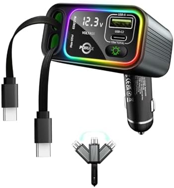 Ultimate 145 W Retractable Car Charger USB-C – Dual Fast Charging Ports with Integrated Cables for i Phone 16/15, Galaxy S25/24/23/22, Pixel 9/8/7 – Unmatched Compatibility & Speed for Road Warriors