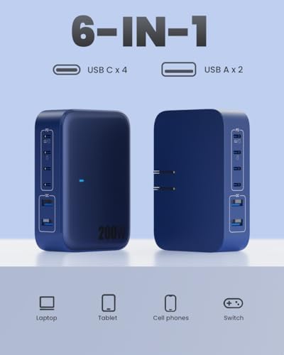 200 W USB C Charging Hub with 6 Ports – Ga N IV Foldable Wall Charger for Rapid Device Power-Up, PD 65 W Laptop Charger for Mac Book Pro, Dell, i Phone 16/15, i Pad, Galaxy & Steam Deck – Compact & Travel-Friendly Fast Charging Solution