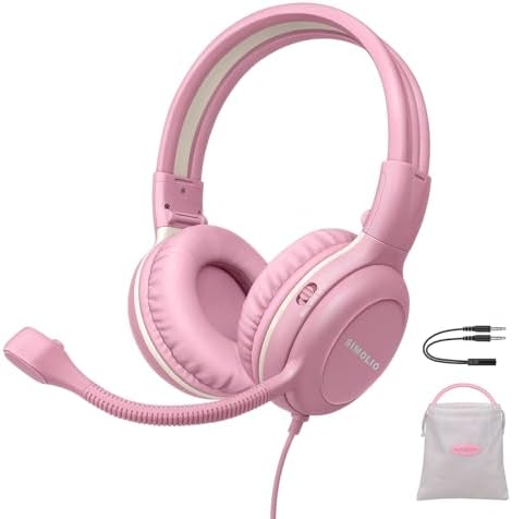 Stylish Pink Kids’ Headphones with Noise-Canceling Boom Mic – Simolio Wired On-Ear Stereo Headset for School, Gaming & Learning – Comfortable, Safe Volume Control & Durable Design for Girls, Teens & Students