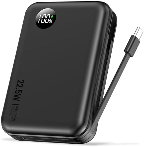 Ultra-Compact 20,000 m Ah Power Bank with LED Display | 22.5 W PD Fast Charging for i Phone 16, Galaxy S24, and More | 4-Port USB Charger with Built-In Cable for Family Travel | TSA-Friendly, Lightweight Design for Maximum Portability | Charge Multiple Devices with Precision Monitoring and Reliability