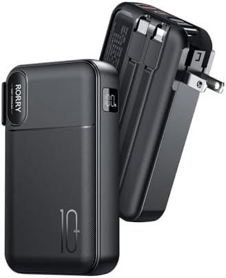 10000 m Ah RORRY Portable Charger with Built-in Cables & AC Wall Plug – Ultra-Fast 22.5 W Power Bank for i Phone 16/15/14, Samsung Galaxy S24/S23/S22, Google Pixel, LG, i Pad – Exceptional Travel Companion with Multi-Device Charging Capability and Enhanced Compatibility