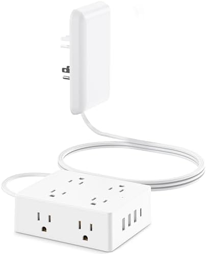 Olcorife Slim Profile Flat Extension Cord Power Strip with 6 Versatile Outlets and 3 Fast-Charging USB Ports, 2000 Joules Surge Protection, 5 FT Space-Saving Cord for Organized Power Solutions in Tight Spaces and Modern Environments
