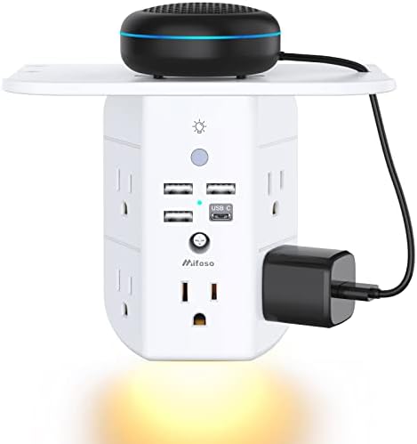Revolutionary Wall Outlet Extender with Integrated Shelf & Adjustable Night Light – 5 USB Ports Including Rapid USB-C Charging, Surge Protection, and Compact Design for Enhanced Organization and Efficiency