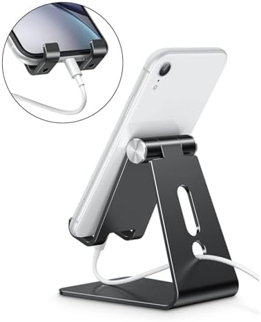OMOTON Adjustable Cell Phone Stand, C2 Aluminum Desktop Phone Holder Dock Compatible with iPhone 15 14 13 Xs XR 8 Plus 7 6, Samsung Galaxy, Google Pixel, Android Phones – Enhanced Compatibility and Speed