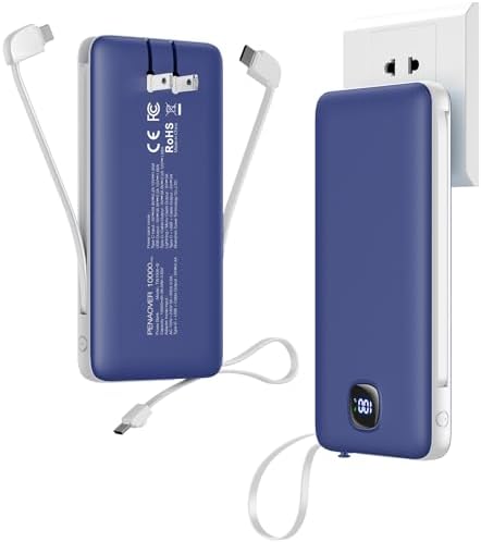 Ultra-Slim 10,000 m Ah Portable Charger with Integrated Cables & AC Plug – 22.5 W Rapid Power Bank for i Phones, Samsung & Android Devices – Multi-Device Charging with 5 Outputs and 2 Inputs for Maximum Convenience and Compatibility