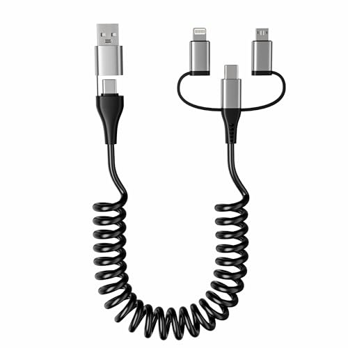 Universal 6-in-1 Coiled USB A/C to USB-C/Lightning/Micro Charging Cable – 3 A High-Speed Charging for i Phone, i Pad, and Android Devices – Seamless Compatibility with Apple Car Play & Android Auto – Tangle-Free Design for Ultimate Portability and Convenience