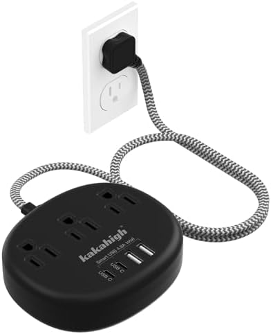Stylish Brown Extension Cord with 1080 J Surge Protection – 5 FT Flat Braided Design Featuring 3 AC Outlets & 4 USB Ports (24 W/4.8 A) for Fast Charging – Ideal Tan Desk Accessory for Powering Devices Safely & Efficiently