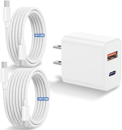 Dual-Port 20 W USB-C Rapid Charger for i Phone 15 Series – High-Speed Charging Adapter with 6 ft & 10 ft Cables – Travel-Friendly Compact Wall Charger for i Pad Pro, Air Pods, and More – Enhanced Safety and Versatile Compatibility for Daily Use