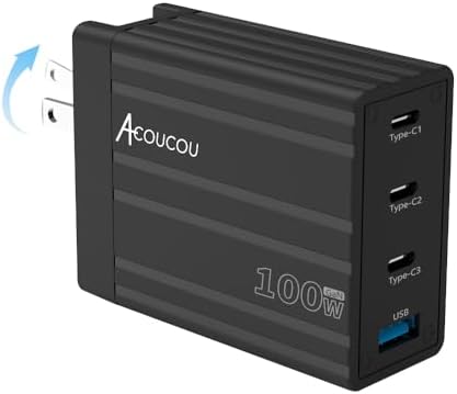Acacou 100 W 4-Port USB-C Fast Charger – Ga N Technology for Ultimate Device Compatibility in Dark Bronze – Rapid Charging for Mac Book Pro/Air, Google Pixelbook, Dell XPS, i Pad Pro, Galaxy S23/S22, i Phone 15/14/Pro – Compact, Efficient Power Solution for Home and Office