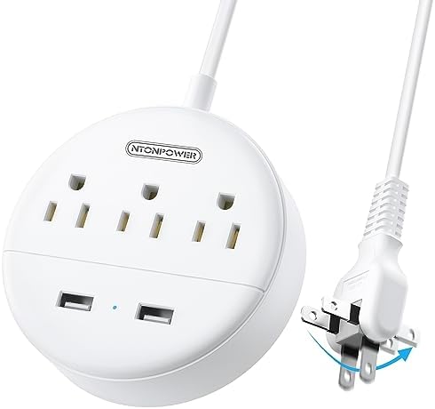NTONPOWER 2 Prong Power Strip with 9.8 ft Extension Cord – Essential Wall-Mountable Solution for Non-Grounded Outlets with 3 AC Ports & 2 USB Charging Ports – Perfect for Modern Homes and Vintage Spaces