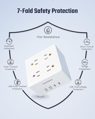 SUPERDANNY Portable USB Power Strip Surge Protector – Premium Desktop Extension Cord with 4 Spacious Outlets & 4 Advanced Smart USB Charging Ports for Home, Office, Hotel, Dorm, and RV Use – Elegant Faux Walnut Finish for Enhanced Aesthetics and Device Safety