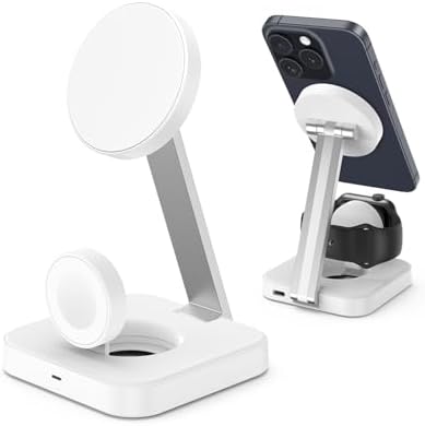 Mag Safe-Compatible Wireless Charging Station for i Phone 16/15/14/13/12, Apple Watch & Air Pods Pro – Fast Magnetic Charger with Adjustable Viewing Angle, Foldable Design for Travel Convenience, Enhanced Device Compatibility and Sleek Style