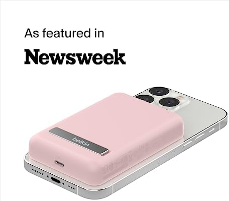 Belkin Wireless Power Bank 5000 m Ah with Mag Safe Compatibility – Portable Charger for i Phone 16 Series, i Phone 15, and Air Pods – 7.5 W Fast Charging with Built-in Kickstand for Hands-Free Use – Lightweight White Design for On-the-Go Charging Solutions