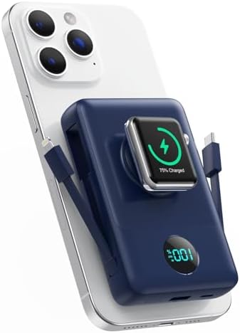 Magnetic Portable Charger 10800 m Ah – 6-in-1 Wireless Power Bank with Built-in Cables for i Phone & Apple Watch – 20 W PD Fast Charging Battery Pack in Stylish Blue – Ultimate On-the-Go Charging Solution with Enhanced Compatibility and Secure Magnetic Connection