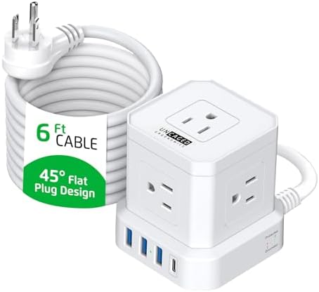 Uncaged Ergonomics Cube Power Strip with 10 ft Extension Cord – Surge Protected Charging Station Featuring 5 AC Outlets, 3 USB Charging Ports (1 USB-C Fast Charger) and On/Off Switch for Ultimate Convenience and Safety
