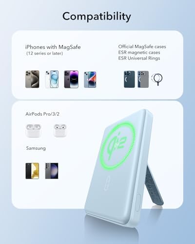 ESR Mag Safe 5,000 m Ah Portable Power Bank with Kickstand – Ultra-Slim 0.6 in Design, 15 W Qi2 Certified Fast Charger for i Phone 16/15/14/13/12 – Includes 20 W USB-C Charging Cable for Effortless Power On-the-Go