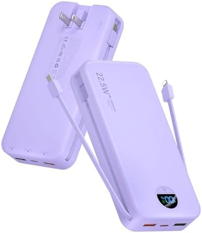Ultra-Fast Portable Phone Charger with 12000 m Ah Capacity – All-in-One Power Bank with Integrated Cables, Wall Plug, and LED Display for i Phone, i Pad, Samsung – Essential Travel Companion for Uninterrupted Connectivity