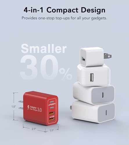 40 W USB C 4-Port Wall Charger 2-Pack – Ultra-Fast Charging Adapter for i Phone 16, i Pad Pro, Nintendo Switch & More – High-Speed PD & QC Technology for Multiple Devices – Compact & Stylish Red Design – Perfect for Travel and Daily Use