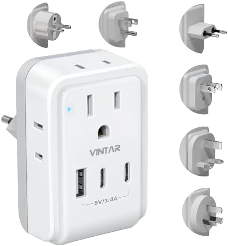 VINTAR All-in-One Global Travel Adapter: Ultimate Universal Power Converter with 4 AC Outlets & 3 High-Speed USB Ports (2 USB-C) – Enhanced Worldwide Compatibility for Europe, UK, Australia, Japan, and Africa – Must-Have Travel Accessory with Interchangeable Plug Attachments for Effortless Device Charging