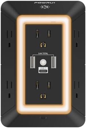 POWRUI 6-Outlet Surge Protector with 3 USB Ports (1 USB-C) and Integrated Night Light – Space-Efficient Power Strip for Home & Office – ETL Listed for Ultimate Safety and Fast Charging – Versatile 3-Sided Design with Adapter Spaced Outlets for Large Plugs – Streamline Your Charging Needs with Enhanced Compatibility and Reliability