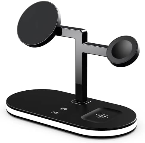 Ultimate 3-in-1 Fast Charging Station with Magnetic Alignment and LED Lamp for Apple Devices – 15 W Wireless Charger for i Phone and Qi-Compatible Gadgets, Efficient Workspace Organizer and Stylish Home Essential
