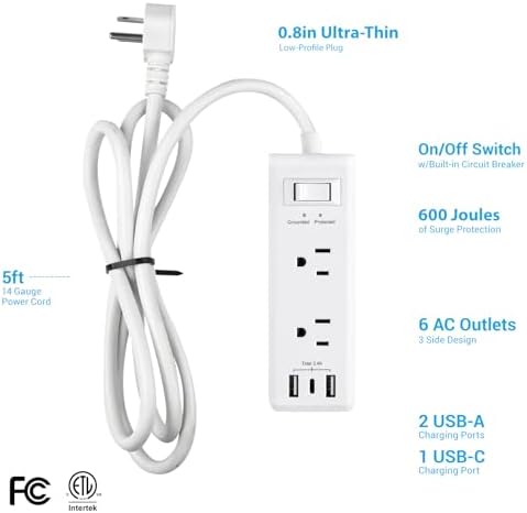 Elevate Your Charging Game with the Clear Power 2-Outlet Power Strip – 6 ft Flat Plug Power Station Featuring 3 USB Ports (1 USB-C) for Rapid Device Charging, Ideal for Home, Office & Travel, Durable & Compact Design, White, Model DC3 S-1102-DC