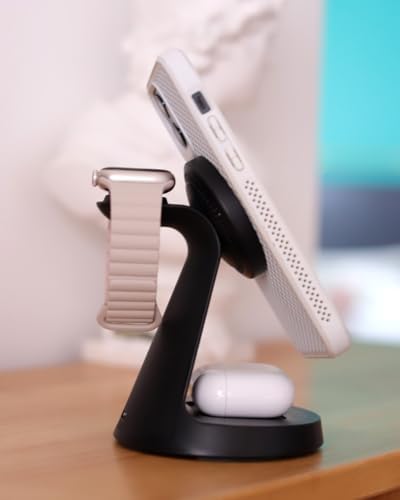 3-in-1 Mag Safe Wireless Charging Station: Fast 15 W Charger for i Phone 16/15/14/13/12, Apple Watch, and Air Pods – Compact Design for Clutter-Free Workspaces with Enhanced Magnetic Alignment and Safe Charging Technology