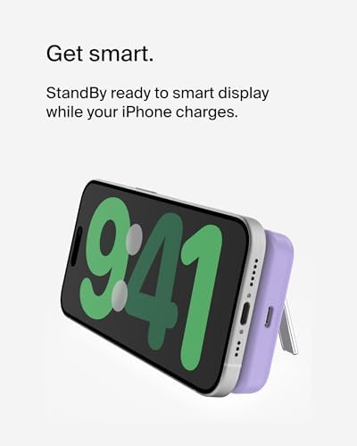 Belkin Wireless Power Bank 5000 m Ah with Mag Safe Compatibility – Portable Charger for i Phone 16 Series, i Phone 15, and Air Pods – 7.5 W Fast Charging with Built-in Kickstand for Hands-Free Use – Lightweight White Design for On-the-Go Charging Solutions