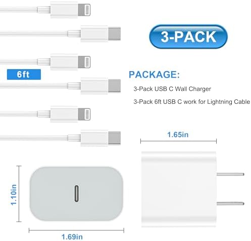 High-Speed 3-Pack Charging Solution for i Phone & i Pad – Premium Type-C Wall Chargers with 6 FT USB-C to Lightning Cables – Sleek Black Finish Optimized for i Phone Compatibility – Perfect for i Phone 14/13/12/11 Pro Max/Xs Max/XR/X Users – Ultimate Home and Travel Charging Convenience