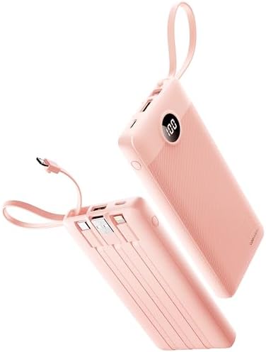 Sleek 10,000 m Ah Ultra-Slim Portable Power Bank – Essential Travel Charger with Integrated Cables, 5 Outputs & 2 Inputs, LED Battery Monitor – Universal Compatibility for i Phone & Android Devices – Chic Pink Design for Effortless On-the-Go Charging