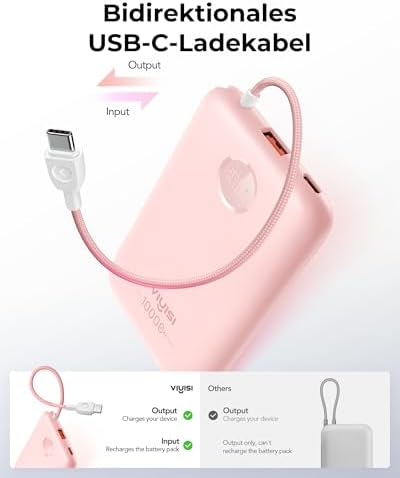 Slim Pink Portable Charger 10000 m Ah – USB-C Power Bank with Built-in Cable & LED Display for Fast Charging – Travel-Friendly Battery Pack Compatible with i Phone 16, 15, Samsung S24, S23 – Ultimate Convenience & Style