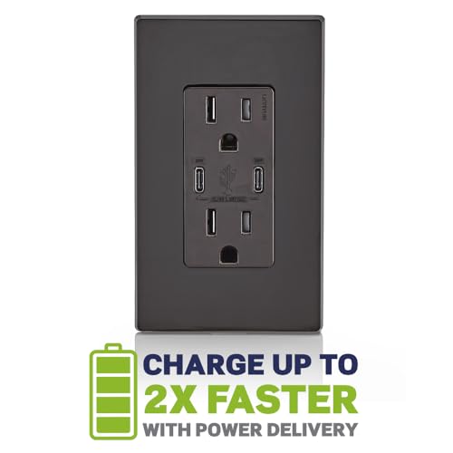 Leviton 60 W Dual USB Type A/Type-C In-Wall Charger – Fast, Efficient Power Delivery Solution for Smartphones, Tablets & Laptops – Tamper-Resistant Outlet in Light Almond for Safe, Clutter-Free Charging Experience – Perfect for Home and Office Use