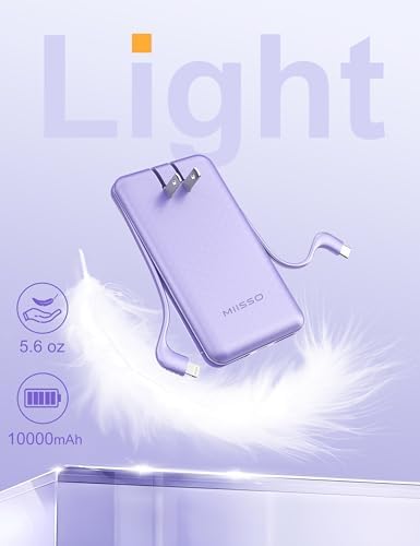 miisso Ultra Slim 10000 m Ah Portable Power Bank with Built-in Cables and Foldable Wall Plug – Compact USB-C Charger for i Phone, Samsung, i Pad & More – Perfect Travel Companion for On-the-Go Charging Efficiency