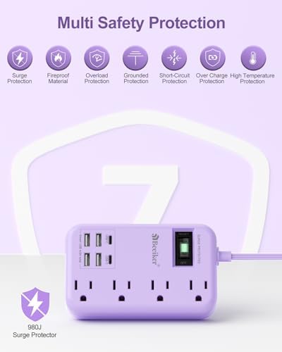 International Travel Power Adapter with 6 USB Ports and 4 AC Outlets – Versatile Plug Converter for European Destinations Including UK, France, Italy, and Germany – Compact 3 ft Extension Cord with Surge Protection for Enhanced Device Safety and Charging Efficiency