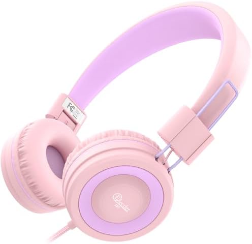 ELECDER i37 Foldable Kids Headphones – Lightweight, Adjustable On-Ear Wired Headphones in Vibrant Peach/Purple for School, Travel & Home Learning – Perfect Audio Companion for Young Learners & Teens with Comfortable Fit and Universal Device Compatibility