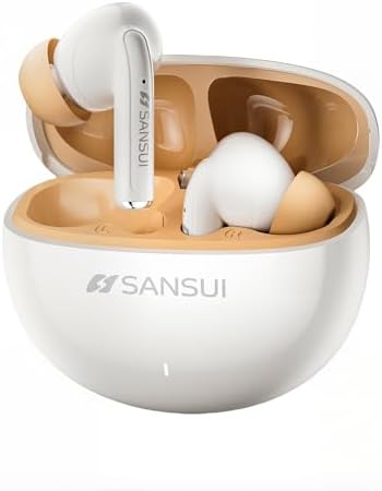 SANSUI Bluetooth 6.0 Earbuds with Active Noise Cancelling – IPX4 Waterproof Stereo Headphones Offering 20-Hour Playtime & Deep Bass for Ultimate Listening Freedom in Khaki White