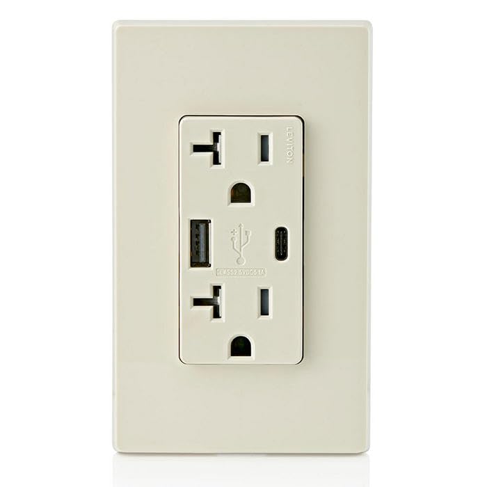 Leviton Dual USB In-Wall Charger with 20 A Tamper-Resistant Outlet – Type A & Type-C Compatibility for Smartphones and Tablets, Light Almond Finish – Streamlined Charging Solution for Home and Office Spaces