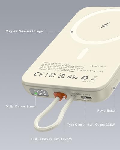 Asper X Mag Safe 10,000 m Ah Portable Power Bank – Dual Charging Solutions with 15 W/22.5 W Fast Charging, Smart LED Power Display, Built-in USB-C Cable & Compact Design for i Phone 16/15/14/13/12 & Galaxy S25 – Ultimate Travel Companion for Efficient Power Management