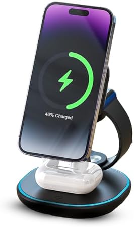 M.A.D Lab Z27 15 W Magnetic 3-in-1 Charging Station: Fast, Space-Saving Wireless Charger for i Phone 16/15/14/13/12, Air Pods, Apple Watch & Android Devices – Qi2 Compatible with Over-Current Protection for Enhanced Safety and Efficiency