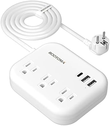 ROOTOMA 6 ft International Power Strip with 3 American Outlets & 3 USB Chargers – Essential US to EU Travel Adapter for Seamless Connectivity in Spain, France, Germany, Iceland – Compact & Durable Design for Travelers
