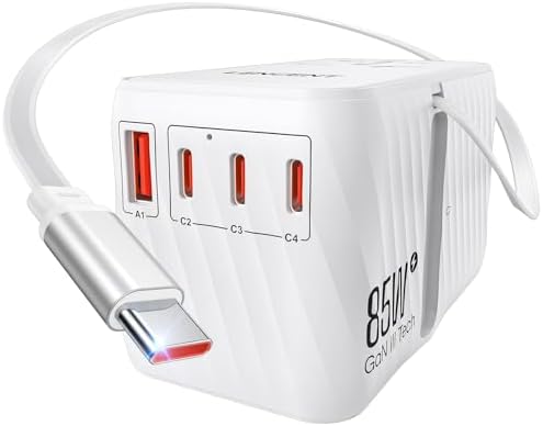 LENCENT 85 W Universal Travel Adapter with Retractable USB-C Cable – High-Speed International Plug Converter Featuring 3 Type-C & 1 USB-A Ports for Effortless Worldwide Charging – Your Ultimate Travel Essential for Maximum Compatibility, Fast Charging, and Ga N Technology Efficiency