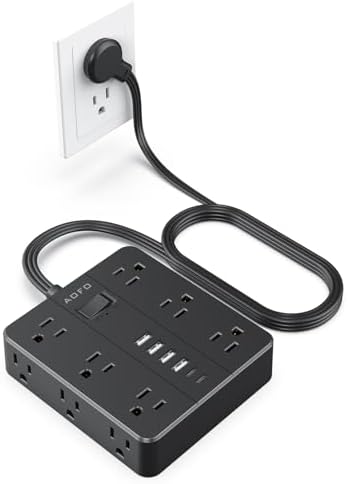 Maximize Your Charging Potential with AOFO 5 Ft Flat Plug Power Strip: 12 Outlet Surge Protector & 6 USB Ports (4 USB-A, 2 USB-C) for Home, Office, and Dorm Use – Reliable, Safe, and Space-Saving Design for All Your Devices
