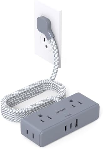 BESHON 10 ft Flat Plug Extension Cord with 4 Wide Outlets & 3 USB Ports (2 USB-C) – Versatile Power Strip for Home, Office & Dorm – Space-Saving Design with Surge Protection & Fast Charging Capabilities