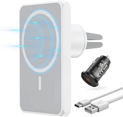 Magnetic Wireless Car Charger by Joy Geek – Fast 18 W Charging for i Phone 14/13/12 Series | Mag-Safe Compatible Air Vent Mount | Elegant Snowy White Design for Ultimate Convenience and Stability on the Road