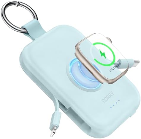 Compact RORRY 5000 m Ah Portable Charger Power Bank with Integrated Cables – Sleek Keychain Battery Pack for i Phone 16/15/14/13/12 and Apple Watch Ultra Series, Ultimate Travel Companion with Fast Charging and Modern Design