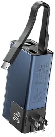 Miady 10000 m Ah Portable Charger with Built-in Foldable Wall Plug – PD 30 W Fast Charging Power Bank with USB-C Cable & LED Display – Lightweight Travel Essential for i Phone & Galaxy Smartphones in Stylish Cream Blue – Ultimate On-the-Go Charging Solution