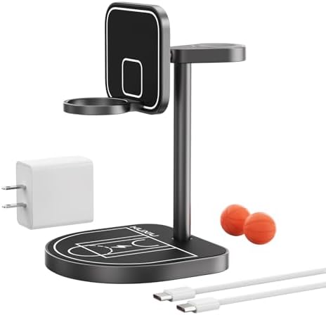 X85 Magnetic 3-in-1 Wireless Charger Stand – Versatile Charging Station for i Phone 16/15/14/13/12, Apple Watch S10/Ultra/9/8/7 & Air Pods 4/3/2/Pro – Adjustable Viewing Angles with Unique Basketball Court Design – Fast Charging Solution for Tech Enthusiasts