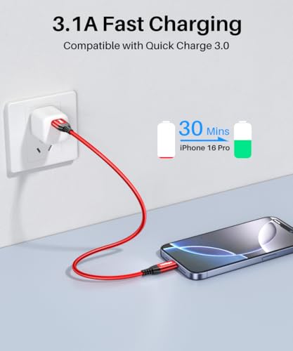 High-Speed USB C Cable 10 Gbps Data Transfer – 6 ft Braided Charger Cord (3 Pack) for i Phone 16/15 Pro Max & Samsung Galaxy S24/S23/S22 – 3.1 A Fast Charging, Enhanced Durability & Compatibility for Car Play and Android Auto